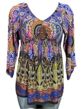 One World Colorful Babydoll Blouse Top Eclectic Paisley Medallion V-Neck Boho M